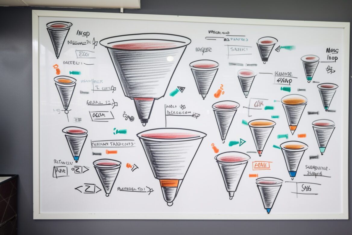 collection of sales funnels on a whiteboard