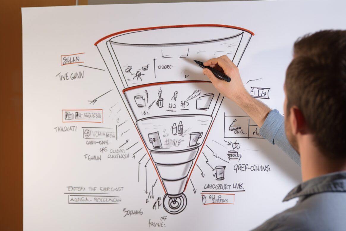 drawing a sales funnel on a whiteboard