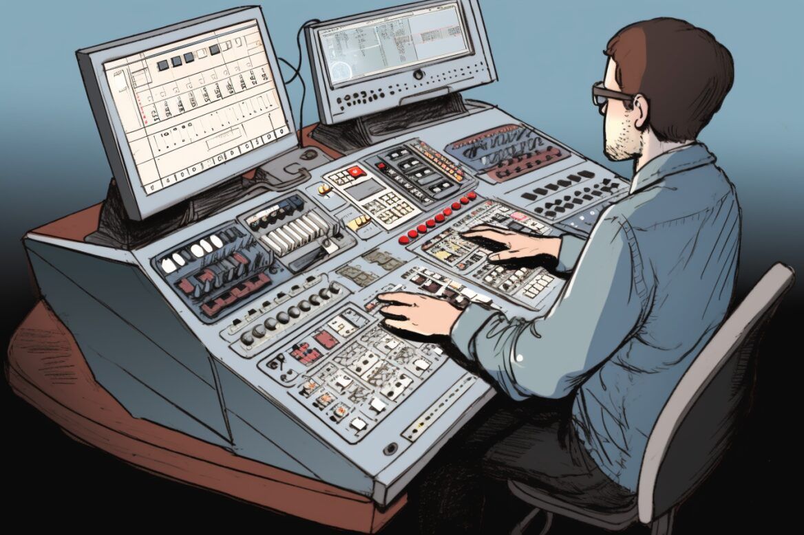 engineer sitting at desk in front of console