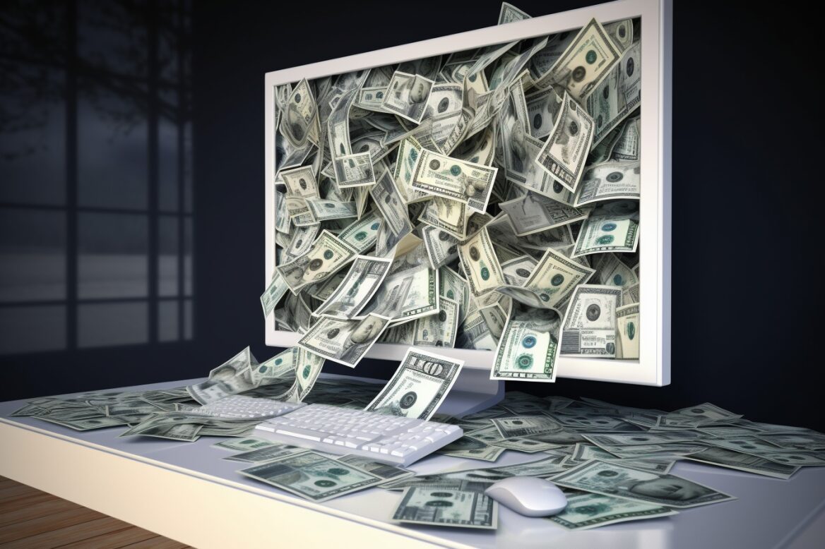 money flowing out of a computer screen money flowing out of a computer screen