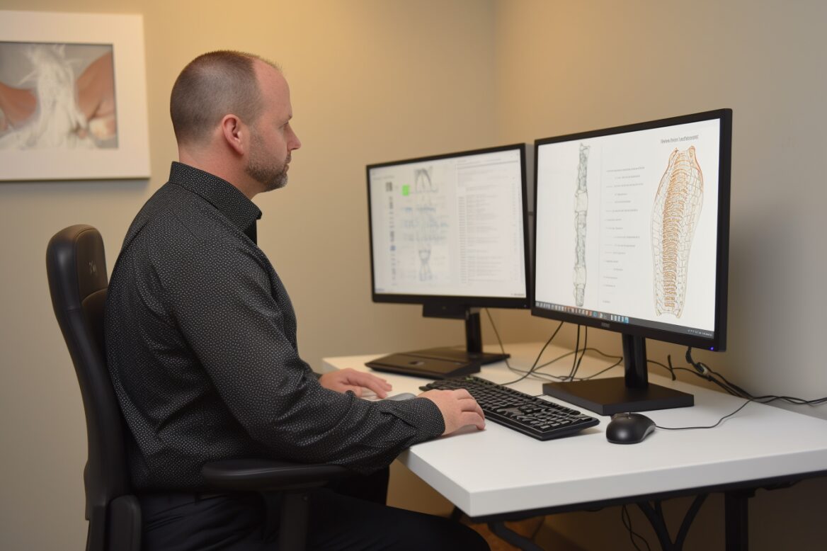 chiropractor looking at a computer screen chiropractor looking at a computer screen