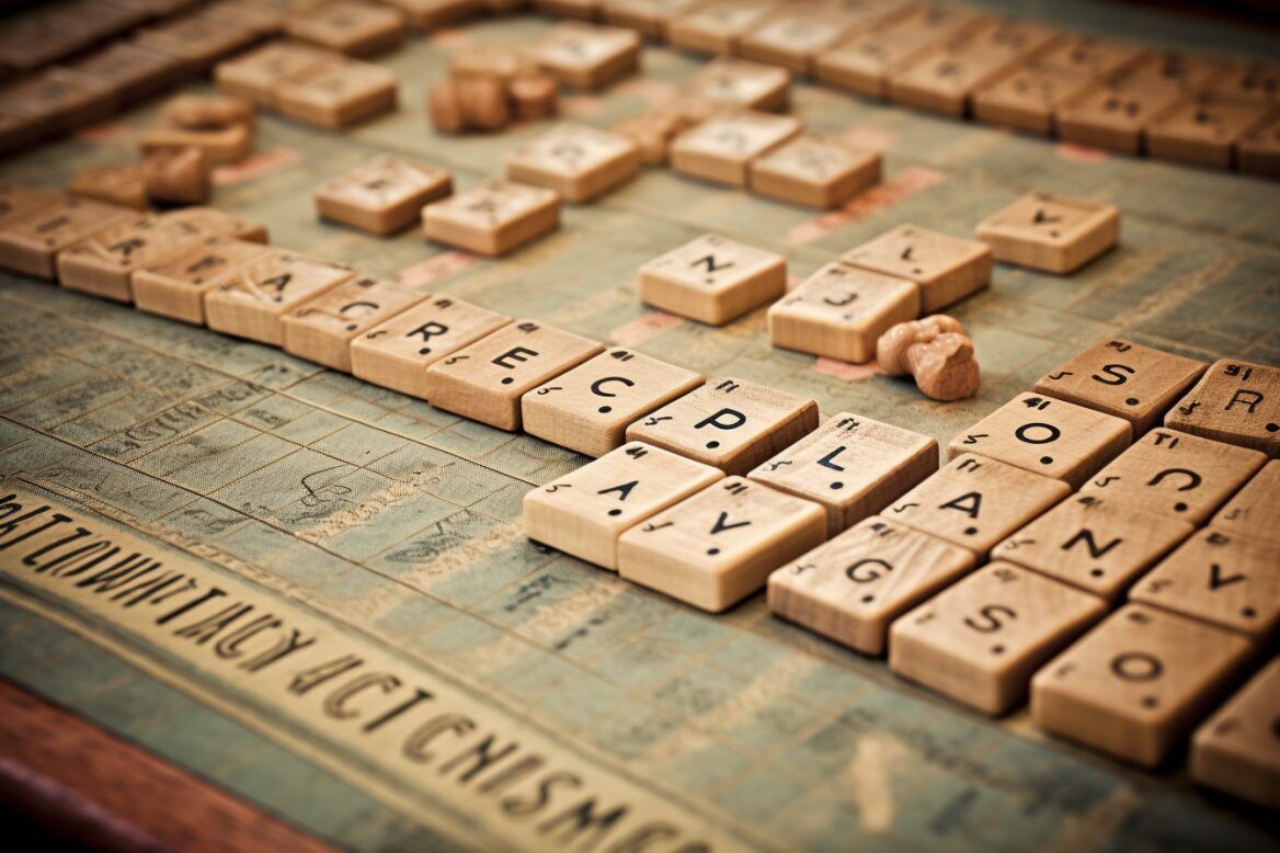 vintage scrabble board with words