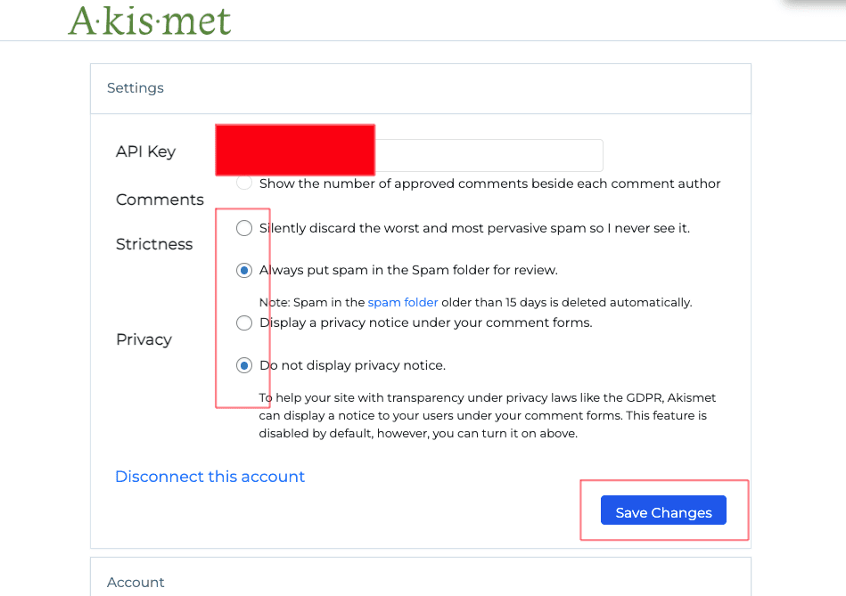 Akismet Spam Settings