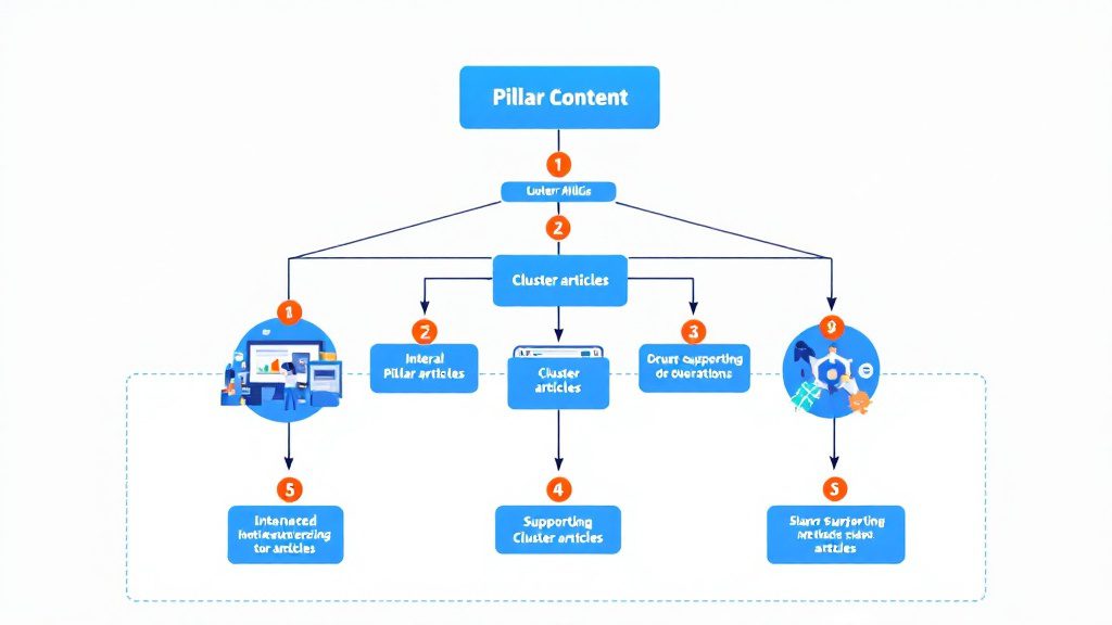 Content cluster strategy diagram showing pillar article connected to supporting cluster content