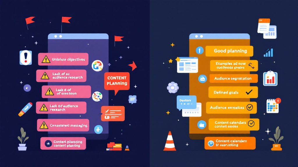 Content planning mistakes and warning signs with examples of ineffective versus strategic approaches
