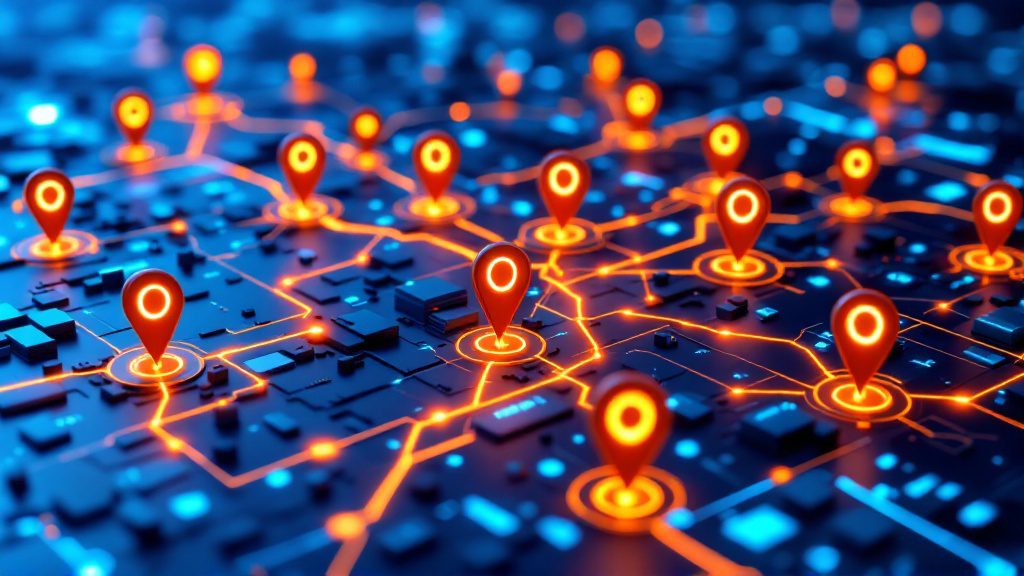 Multi-location content strategy visualization showing neighborhood coverage and interconnected local SEO presence