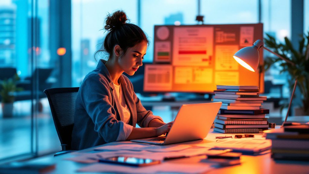 Professional content strategist working with comprehensive research materials and planning documents