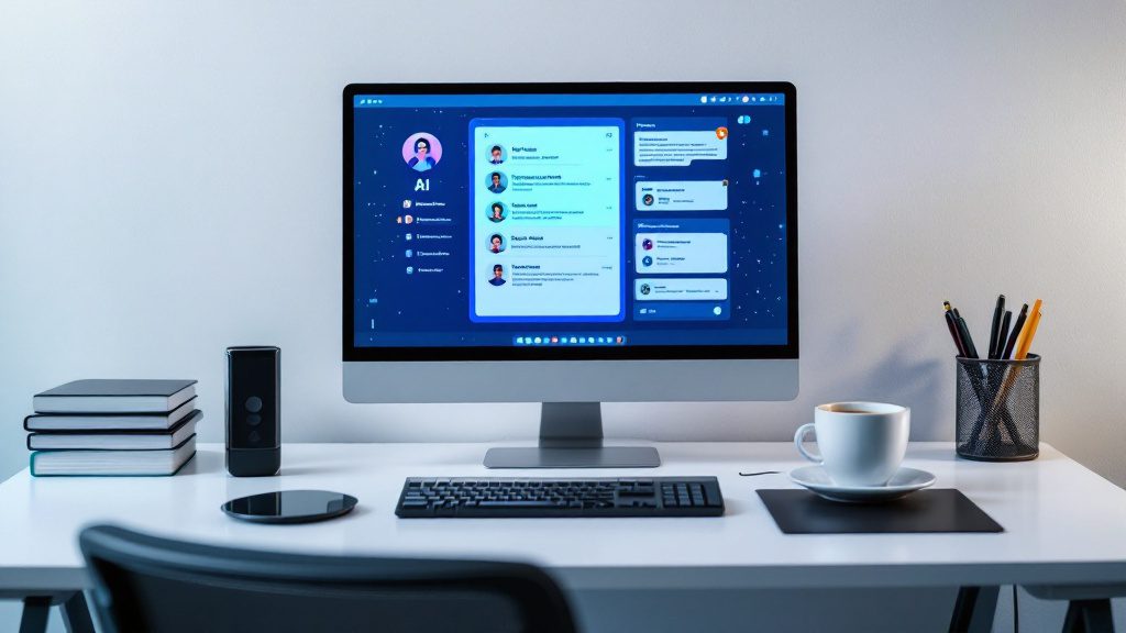 Professional workspace setup for AI blog writing with organized planning materials