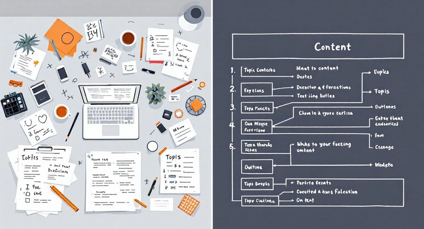 Research transformation process showing how scattered information becomes organized content outline for chiropractic blogs