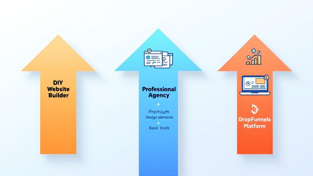 Three pathways for chiropractic website development showing DIY, agency, and professional platform options