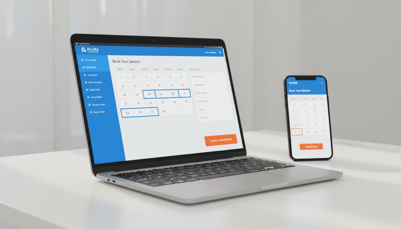 Acuity Scheduling interface displayed on laptop and smartphone showing online booking calendar Acuity Scheduling interface displayed on laptop and smartphone showing online booking calendar
