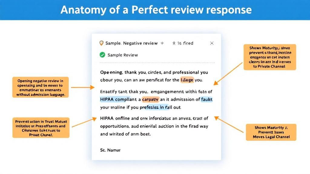Annotated example of perfect negative review response showing professional tone_ HIPAA compliance_ and offline resolution invitation