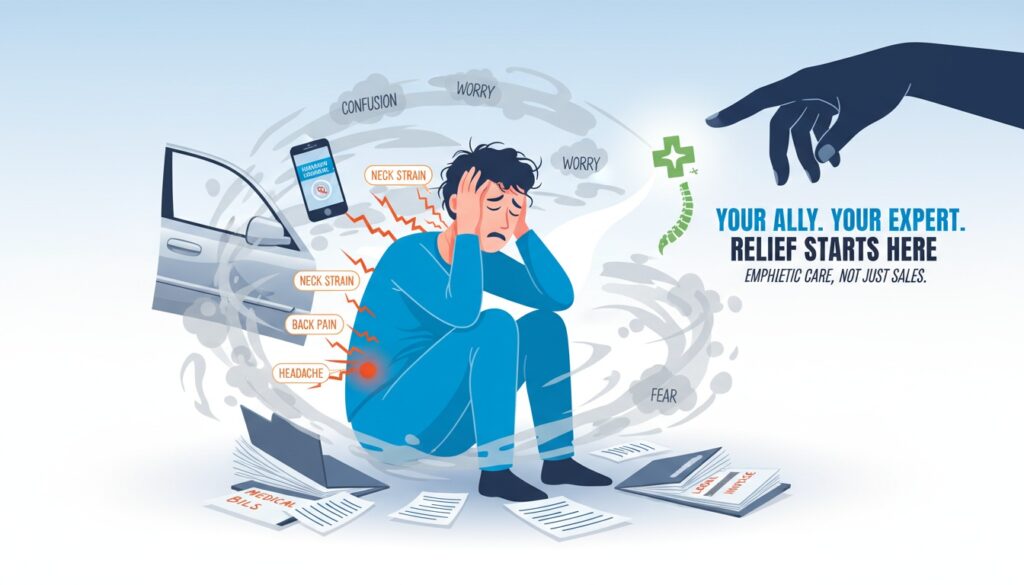 Auto accident patient overwhelmed by injury, insurance, and legal stress needing expert guidance