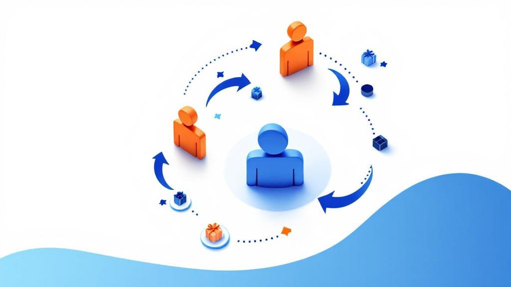 Automated patient referral program system showing circular referral flow and rewards for chiropractic practice growth
