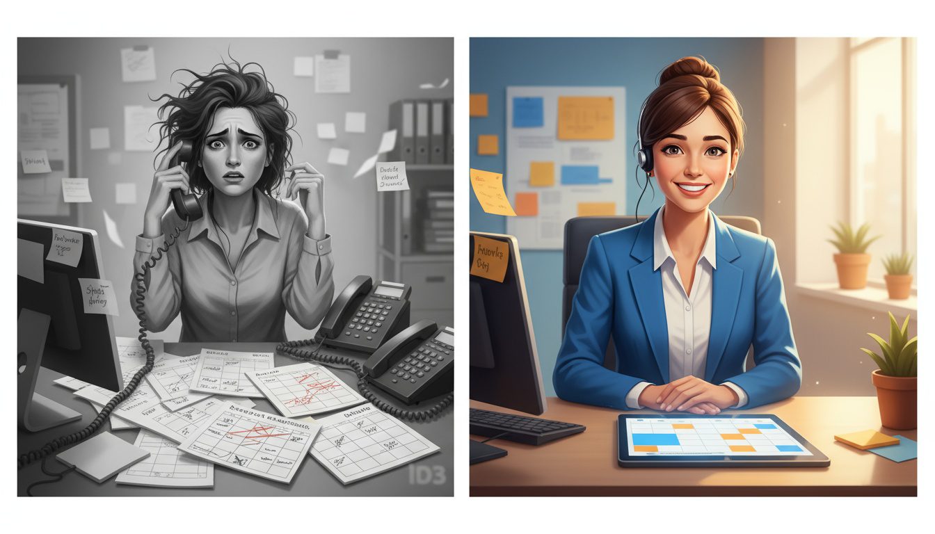 Before and after comparison of chiropractic office scheduling chaos versus organized digital scheduling system Before and after comparison of chiropractic office scheduling chaos versus organized digital scheduling system