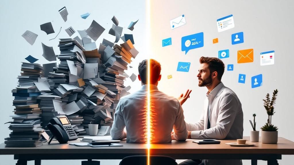 Before and after comparison showing chiropractor overwhelmed by admin work versus efficient practice with marketing automation systems