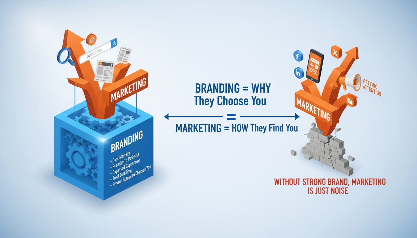 Branding versus marketing showing foundation of practice identity supporting promotional activities Branding versus marketing showing foundation of practice identity supporting promotional activities