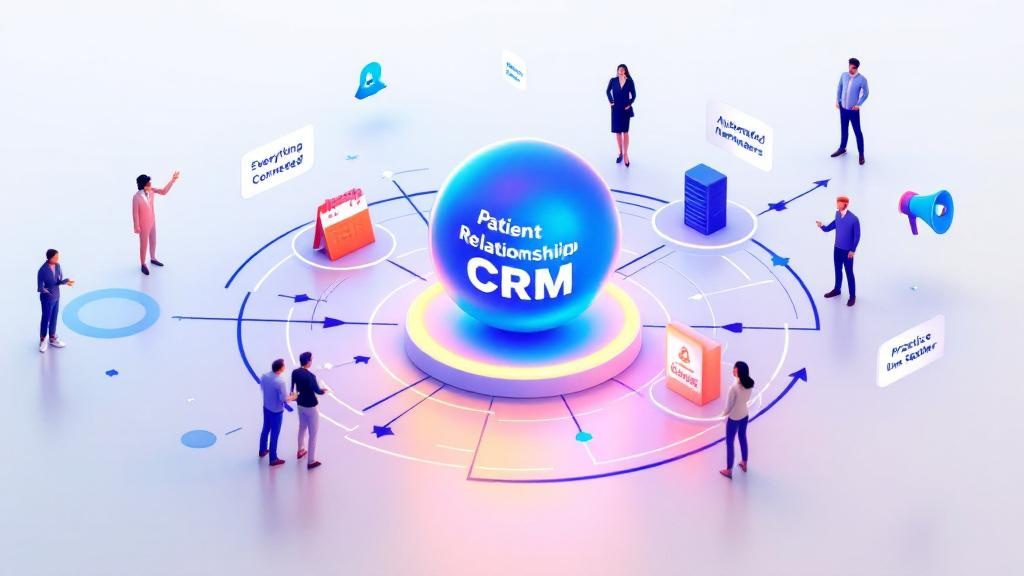 Central CRM hub connecting scheduling_ patient records_ billing_ and marketing showing integrated practice management system
