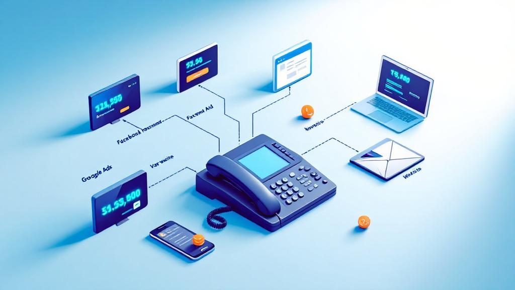 Chiropractic call tracking system showing multiple marketing channels with unique phone numbers forwarding to main office line