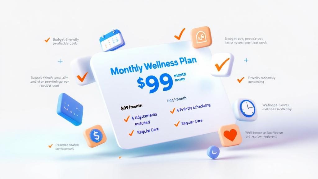 Chiropractic membership card showing monthly subscription plan with included adjustments and wellness benefits for consistent care