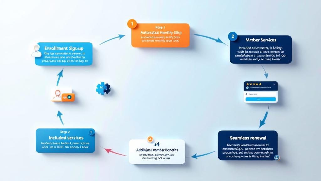 Chiropractic membership workflow showing enrollment_ billing_ included services_ benefits_ and automated renewal process