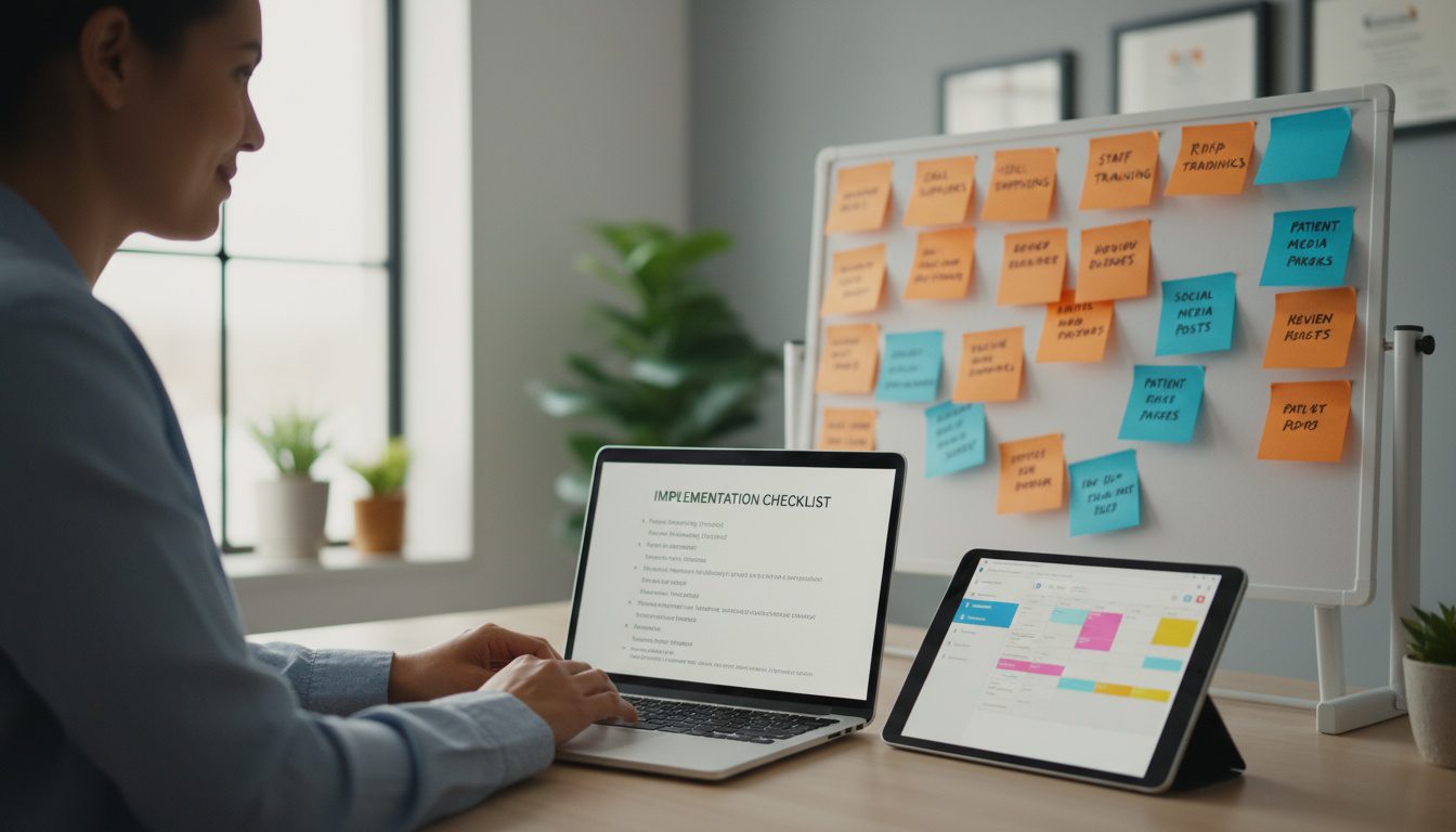 Chiropractic office manager implementing new scheduling software with organized workspace and digital tools Chiropractic office manager implementing new scheduling software with organized workspace and digital tools