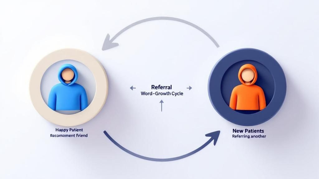 Chiropractic referral program growth cycle showing patient recommendations creating new patients