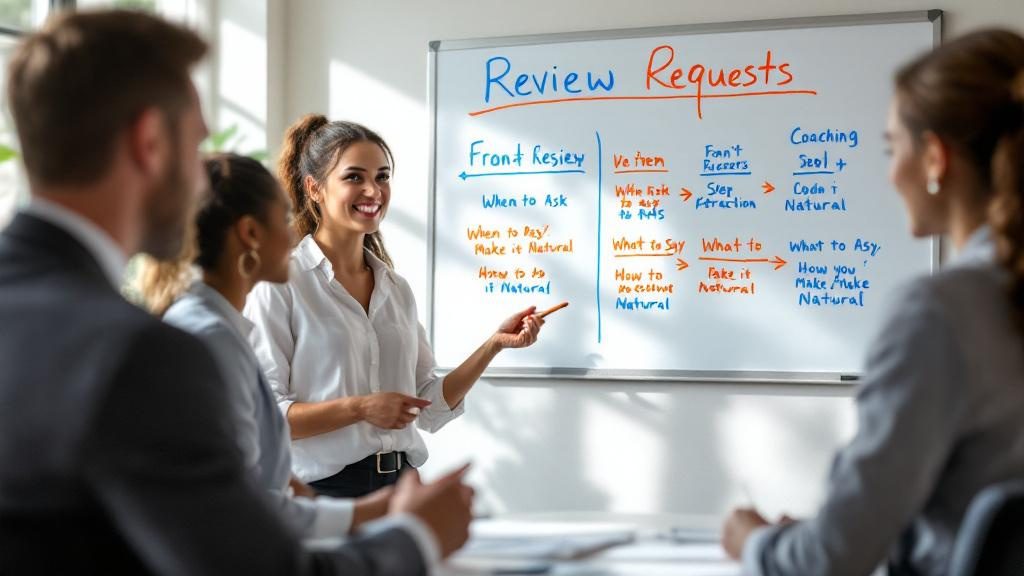 Chiropractic team training session with staff role-playing review requests and learning systematic process for consistent results