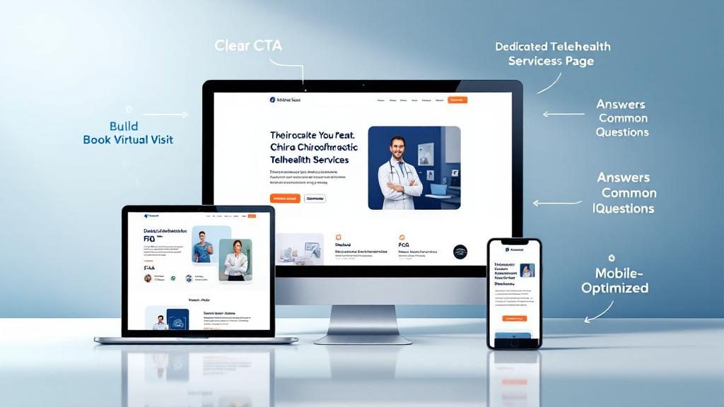 Chiropractic telehealth website showing essential elements including prominent booking button, dedicated services page, and trust-building content