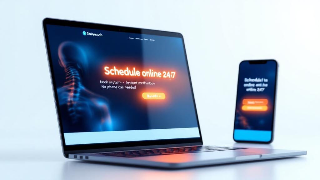 Chiropractic website homepage featuring prominent online scheduling button with 24:7 booking and convenience benefits Chiropractic website homepage featuring prominent online scheduling button with 24:7 booking and convenience benefits