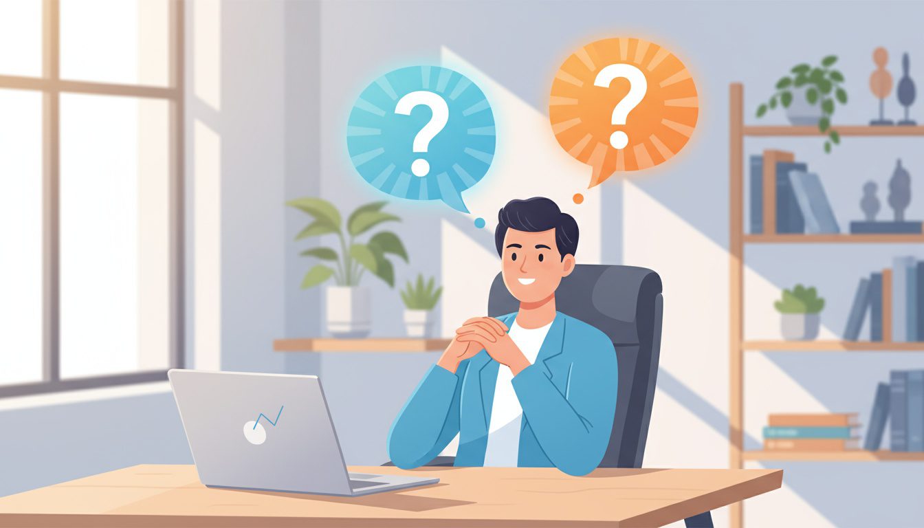 Chiropractor at desk considering scheduling software questions with confident demeanor Chiropractor at desk considering scheduling software questions with confident demeanor