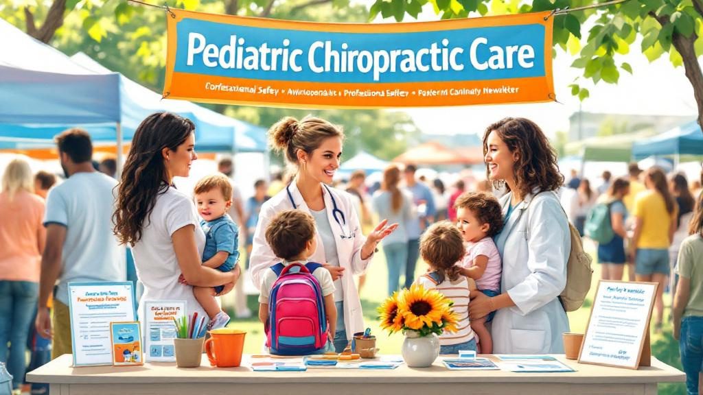 Chiropractor engaging with parents at local community event building trust and relationships through family-focused outreach