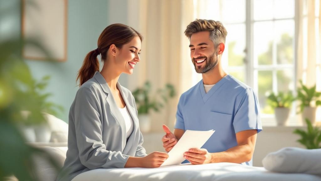 Chiropractor personally asking satisfied patient for review at ideal moment after successful treatment showing natural conversation approach