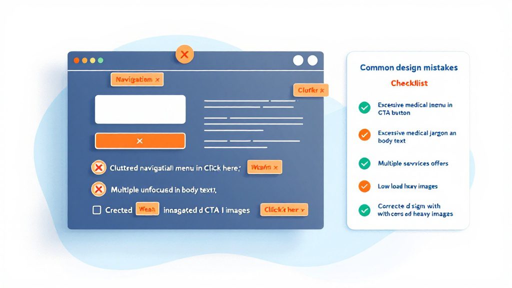 Common landing page mistakes to avoid including weak CTAs, cluttered navigation, jargon, and lack of focus reducing chiropractic conversionsRetry