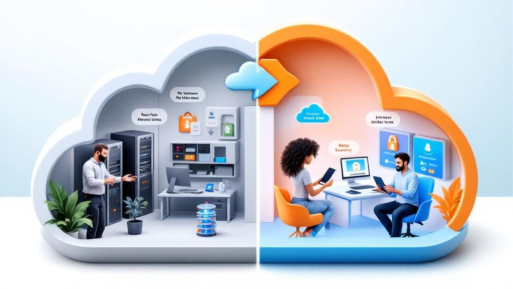 Comparison of server-based versus cloud-based chiropractic software showing flexibility and security advantages of cloud systems
