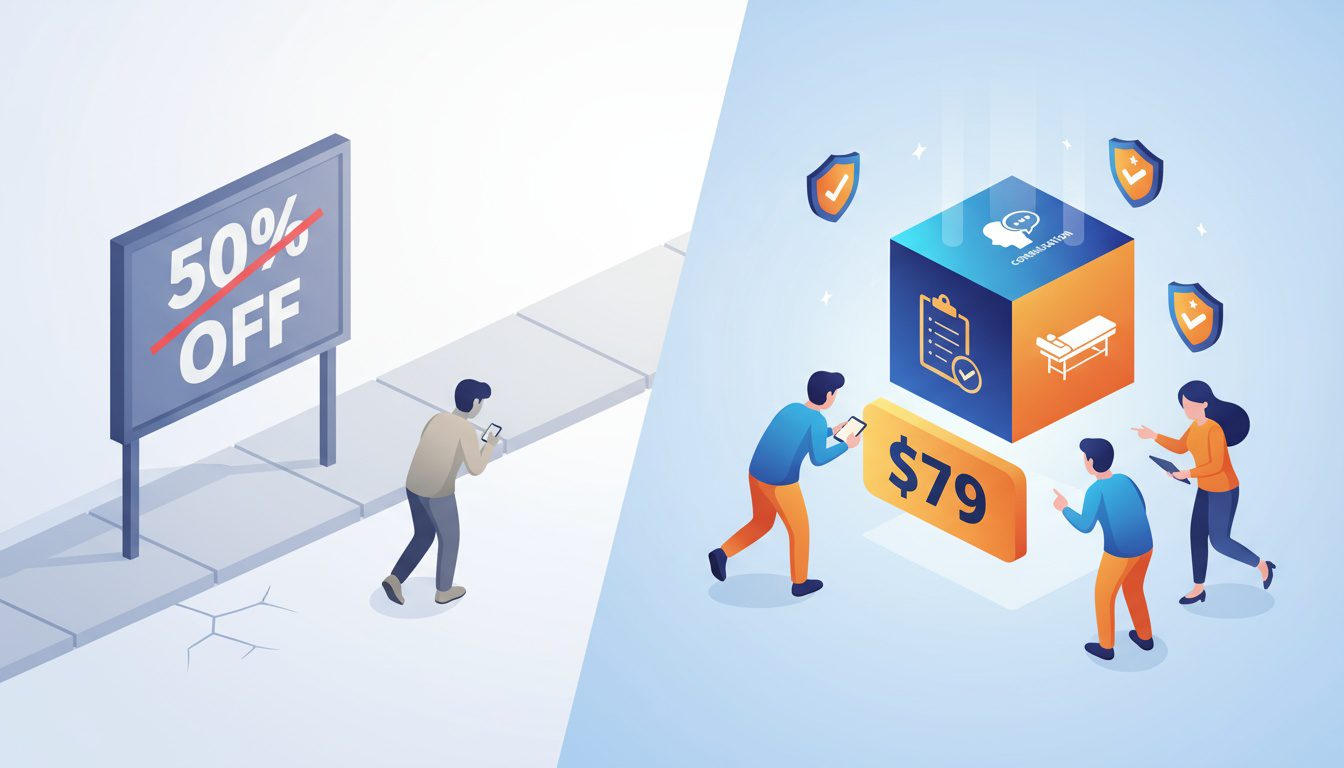 Comparison showing discount-based chiropractic offers attracting bargain hunters versus value-based offers attracting quality patients Comparison showing discount-based chiropractic offers attracting bargain hunters versus value-based offers attracting quality patients