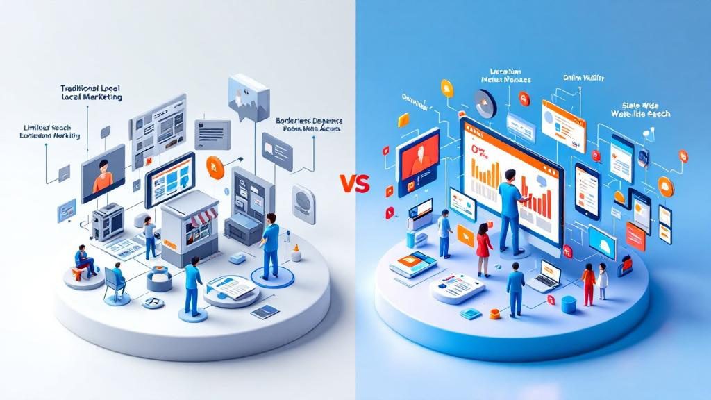 Comparison showing traditional local marketing methods versus digital telehealth marketing strategies with expanded geographic reach