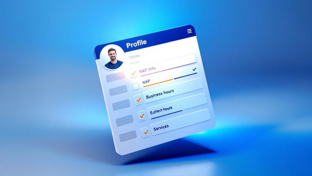 Complete Google Business Profile information fields with NAP details, hours, and services for chiropractic practice