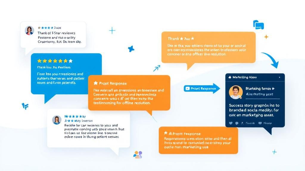 Complete review engagement strategy showing personalized positive responses_ professional negative review handling_ and testimonial marketing