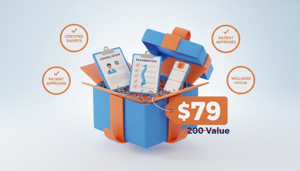 Comprehensive new patient special bundle for chiropractors showing consultation, exam, and first adjustment with clear pricing