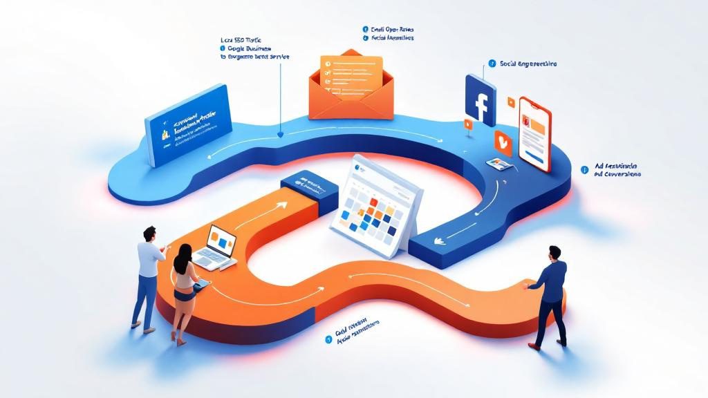 Comprehensive telehealth marketing strategy showing integrated channels including local SEO, email, social media, and paid ads