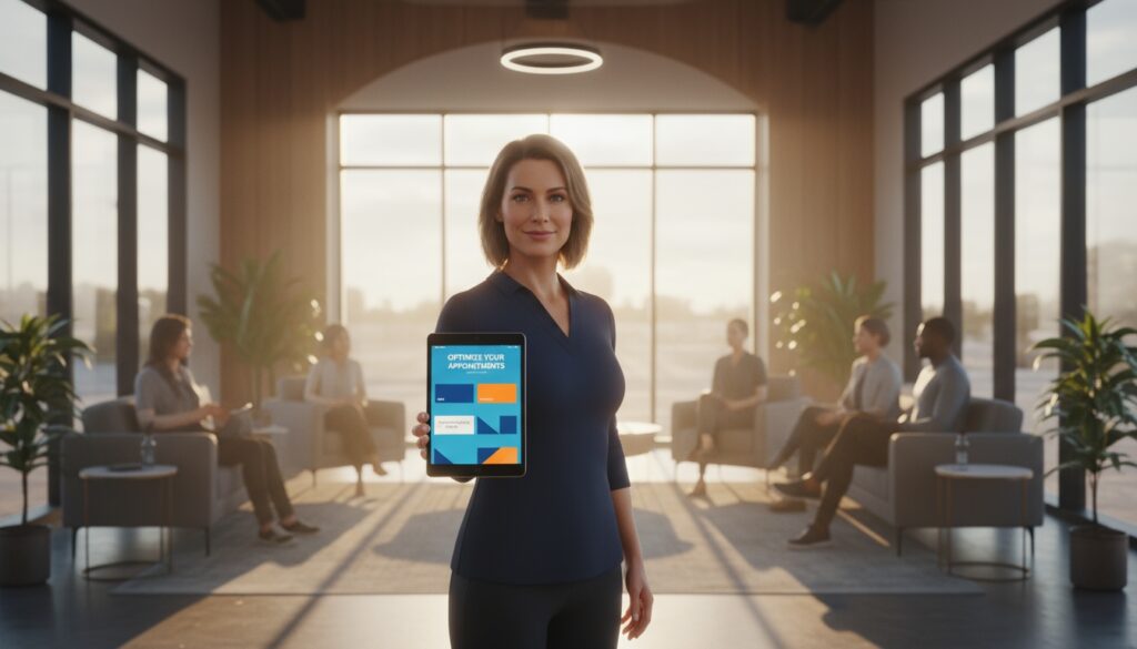 Confident chiropractor in modern office holding tablet with new scheduling software looking successful and professional