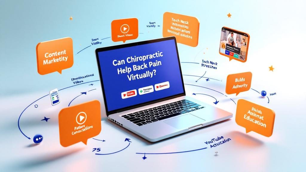 Content marketing ecosystem for chiropractic telehealth showing blog posts, videos, and educational materials building trust and authority