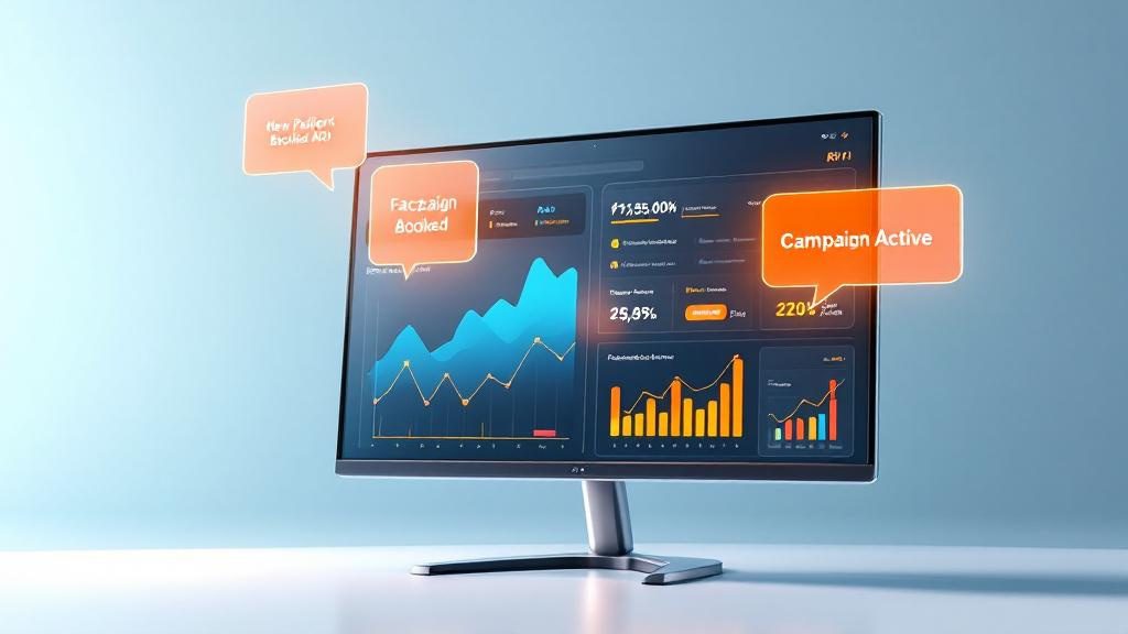 Digital advertising dashboard showing Google Ads and Facebook Ads campaigns driving new patient acquisition for chiropractors Digital advertising dashboard showing Google Ads and Facebook Ads campaigns driving new patient acquisition for chiropractors