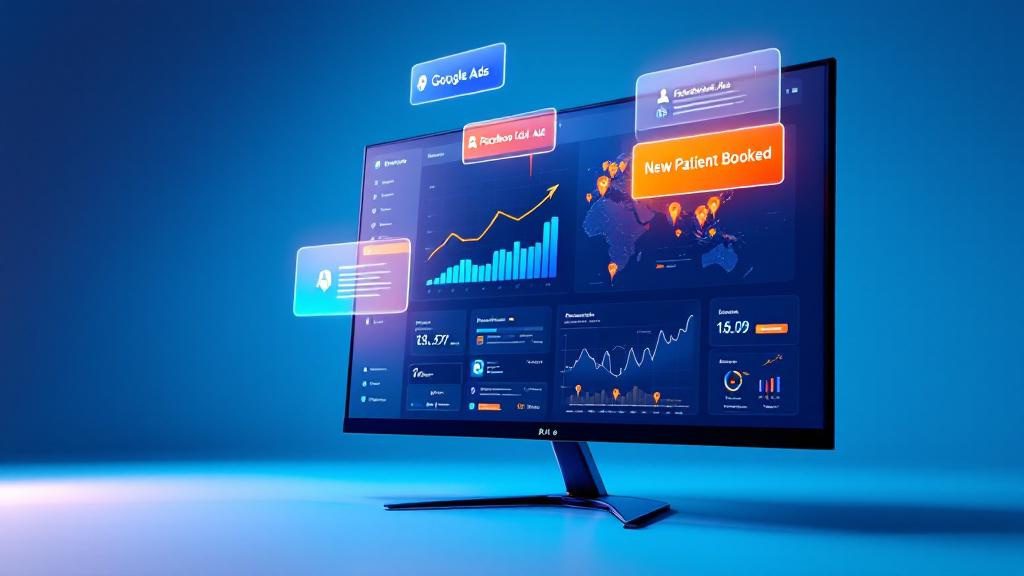 Digital advertising dashboard showing Google Ads and Facebook Ads campaigns for attracting new chiropractic patients