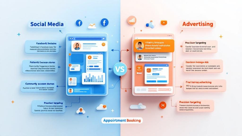 Dual social media strategy showing organic community building and strategic paid advertising working together for telehealth patient growth