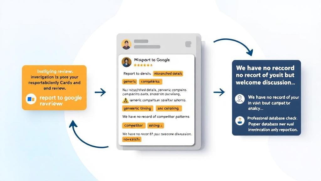 Fake review identification and response strategy showing reporting process and professional public reply protecting practice reputation