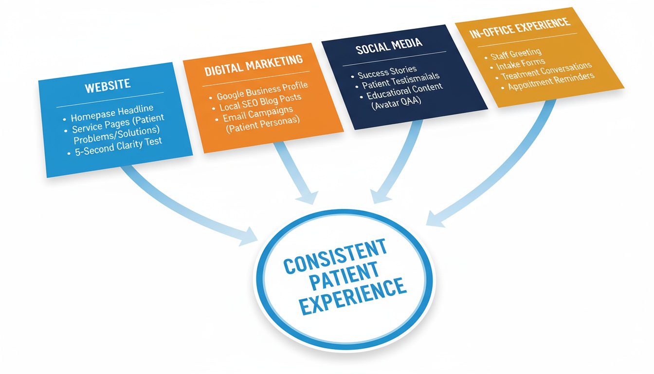 Four-channel brand messaging implementation across website, digital marketing, social media, and office experience Four-channel brand messaging implementation across website, digital marketing, social media, and office experience