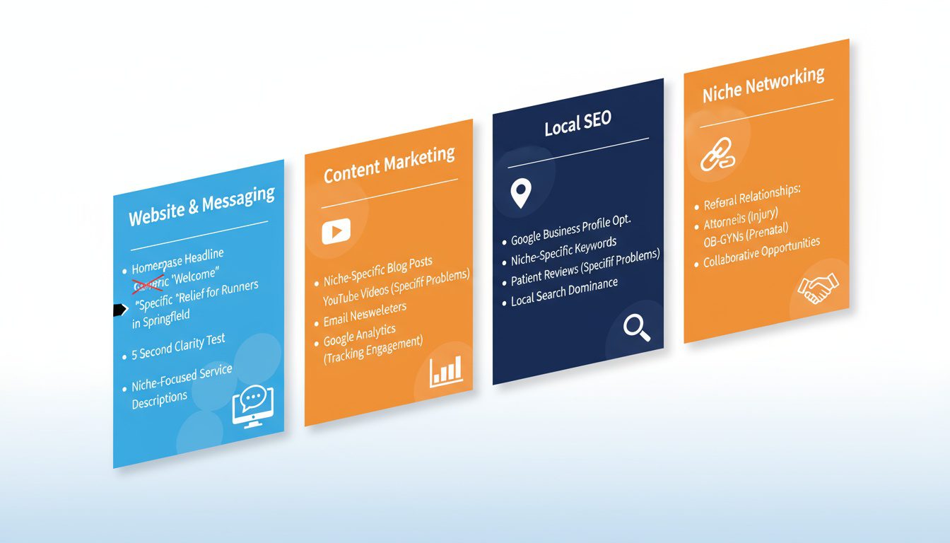 Four-channel niche marketing strategy optimizing website, content, local SEO, and professional networking Four-channel niche marketing strategy optimizing website, content, local SEO, and professional networking