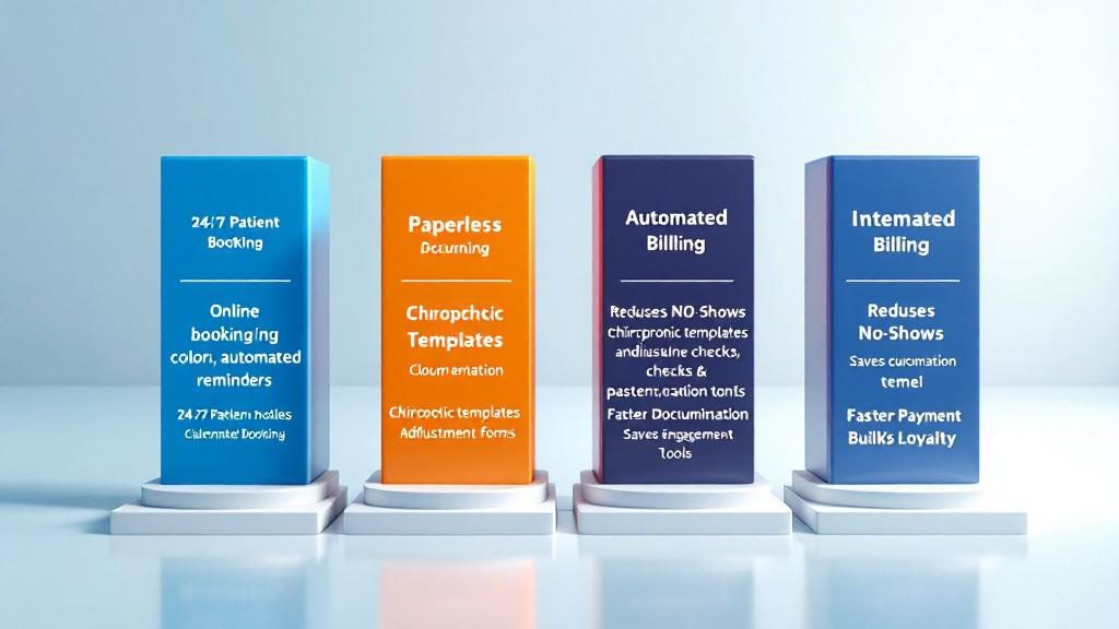 Four essential chiropractic CRM features showing scheduling_ digital notes_ integrated billing_ and patient communication tools